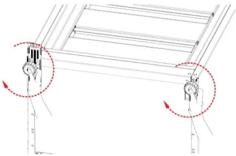 Technical diagram showing hand positioning of a ladder with labeled points and rotation arrows