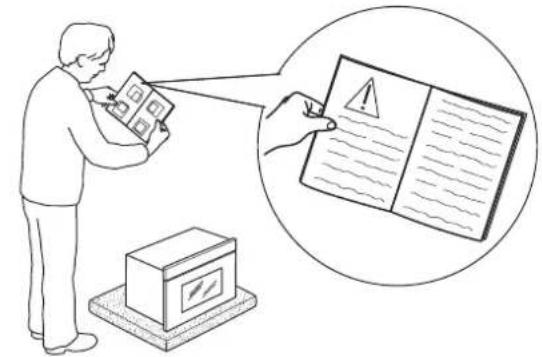 Illustration showing a person using a device to inspect a document with warning symbol, alongside a magnified view of the document's error message.