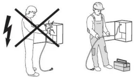 Safety warning illustration showing a person using an electrical switch with a lightning bolt symbol and another person operating a circuit board.