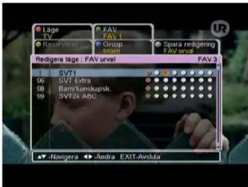Lage TV Reservenag FAV FAV 1 Grup Ingen Spara redigering FAV urval Redigera lage : FAV urval FAV 3 1 SVT1 06 SVT Extra 08 Barn/kumskapsk. 09 SVT24 ABC ▼ -Navigera ▶ Andra EXIT-Aveluta