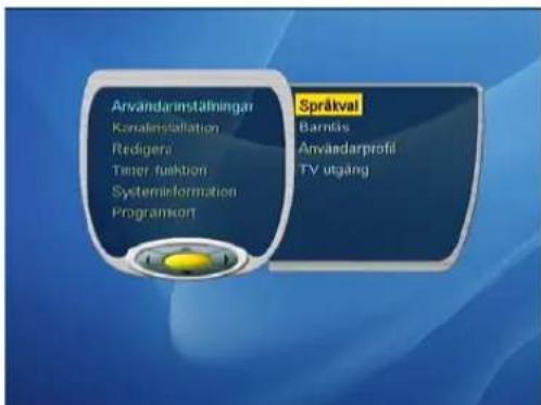 Användarinstätningar Kanalinstallation Redigen Timer funktion Systeminformation Programkort Språkval Bamitis Anvædarprofil TV utgång