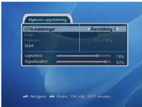 Mjekvaru uppdatering OTA-installningar Index Frekvens Start Äterställning 1 01:21 474.0 MHz Signalmivå 70% Signalkvalitet 92% ▲ Navigera ▶ Andra OK Valj EXIT-Avsluta