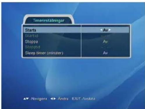 Timerinställningar Starta Av Started Av Stoppa Av Stopptid Av Sleep timer (minuter) Av ▲ -Navigera ▶ -Andra EXIT -Avsluta: