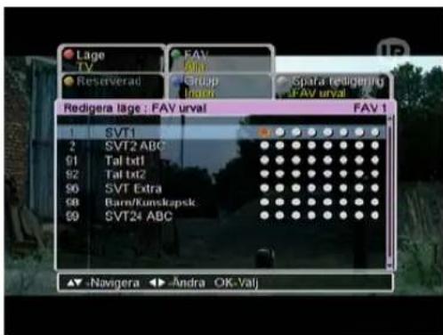 Lage TV Reserverat FAV FAN Group Spafa redigering FAV urval Redigera lage : FAV urval FAV 1 1 SVT1 2 SVT2 ABC 91 Tal txt1 92 Tal txt2 90 SVT Extra 98 Barn/Kumskapsk 99 SVT24 ABC ▲▼ -Navigera ▶▼ Andra OK-Valj