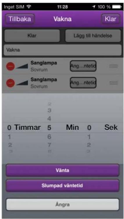 Inget SIM 11:28 100 % Tillbaka Vakna Klar Klar Lägg till händelse Vakna Sanglampa Ang...ntetid Sanglampa Ang...ntetid 2 3 4 0 Timmar 5 Min 0 Sek 1 6 1 2 7 2 3 8 3 Vänta Slumpad väntetid Ångra