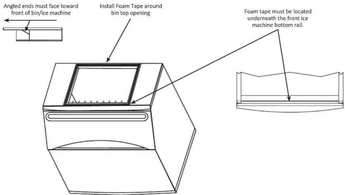 Angled ends must face toward front of bin/ice machine Install Foam Tape around bin top opening Foam tape must be located underneath the front ice machine bottom rail.