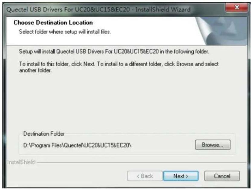 Quectel USB Drivers For UC20&UC15&EC20 - InstallShield Wizard Choose Destination Location Select folder where setup will install files. Setup will install Quectel USB Drivers For UC20&UC15&EC20 in the following folder. To install to this folder, click Next. To install to a different folder, click Browse and select another folder. Destination Folder D:\Program Files\Quectel\UC20&UC15&EC20\ Browse... InstallShield < Back Next > Cancel