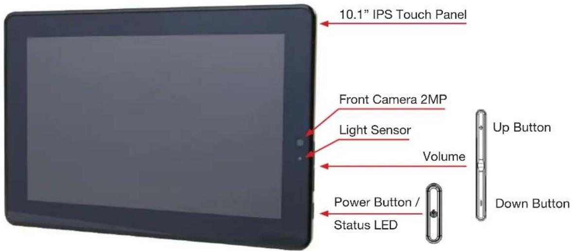 10.1" IPS Touch Panel Front Camera 2MP Light Sensor Volume Power Button / Status LED Up Button Down Button