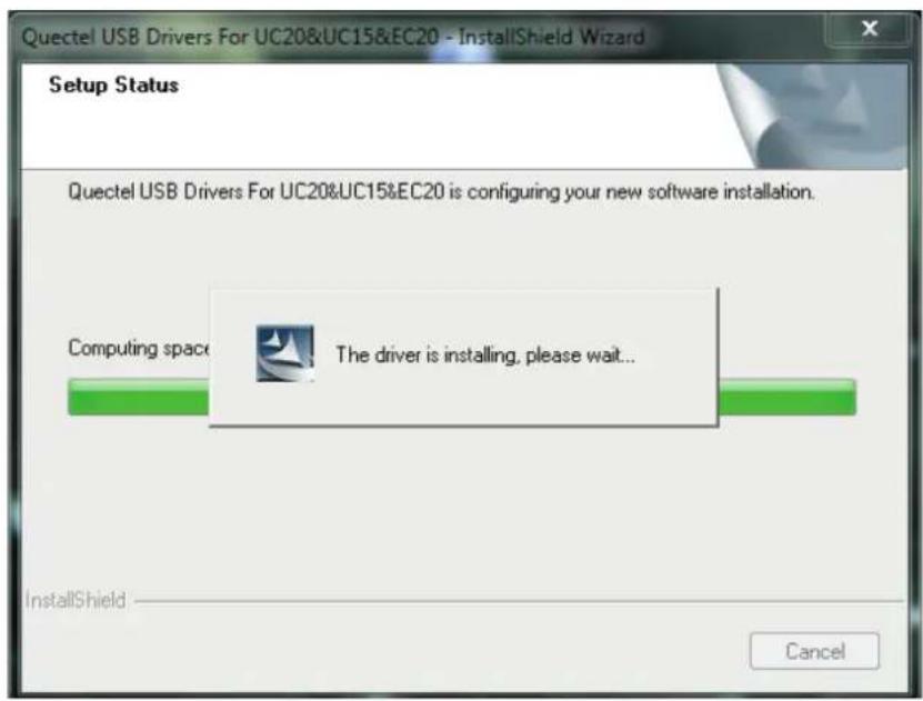 Quectel USB Drivers For UC20&UC15&EC20 - InstallShield Wizard Setup Status Quectel USB Drivers For UC20&UC15&EC20 is configuring your new software installation. Computing space The driver is installing, please wait... InstallShield Cancel