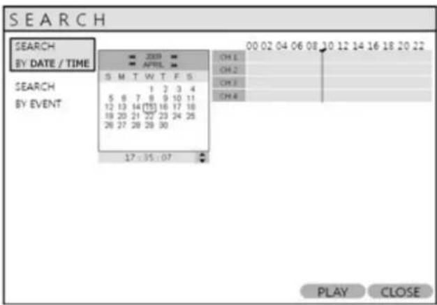 SEARCH BY DATE / TIME SEARCH BY EVENT 2009 APRIL S M T W T F S 1 3 3 4 5 6 7 8 9 10 11 12 13 14 (T) 16 17 18 18 20 21 22 23 24 25 26 27 28 29 30 17:35:07 00 02 04 06 08 10 12 14 16 18 20 22 CH.1 CH.2 CH.3 CH.4 PLAY CLOSE