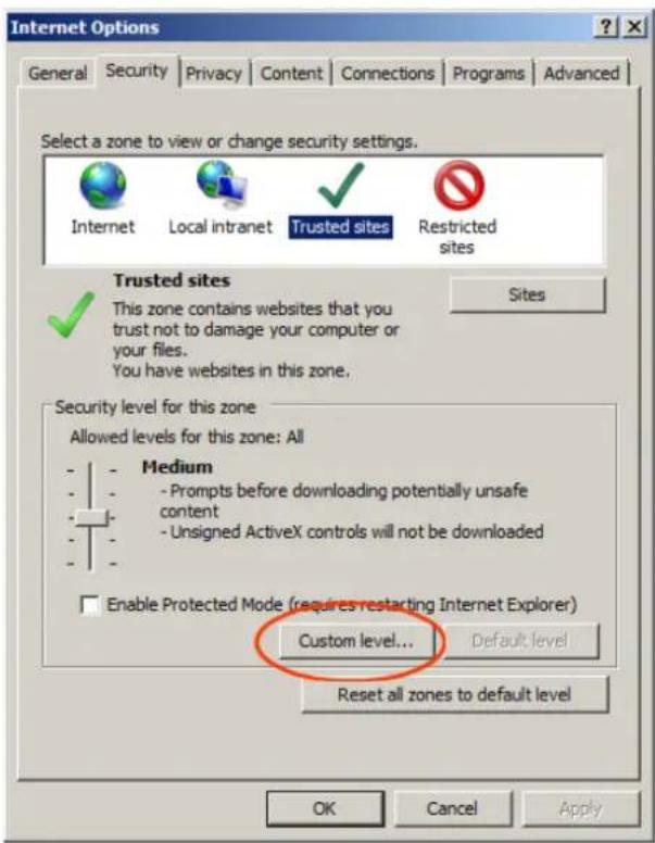 Internet Options General Security Privacy Content Connections Programs Advanced Select a zone to view or change security settings. Internet Local intranet Trusted sites Restricted sites Trusted sites This zone contains websites that you trust not to damage your computer or your files. You have websites in this zone. Security level for this zone Allowed levels for this zone: All Medium - Prompts before downloading potentially unsafe content - Unsigned ActiveX controls will not be downloaded Enable Protected Mode (requires restarting Internet Explorer) Custom level... Default level Reset all zones to default level OK Cancel Apply