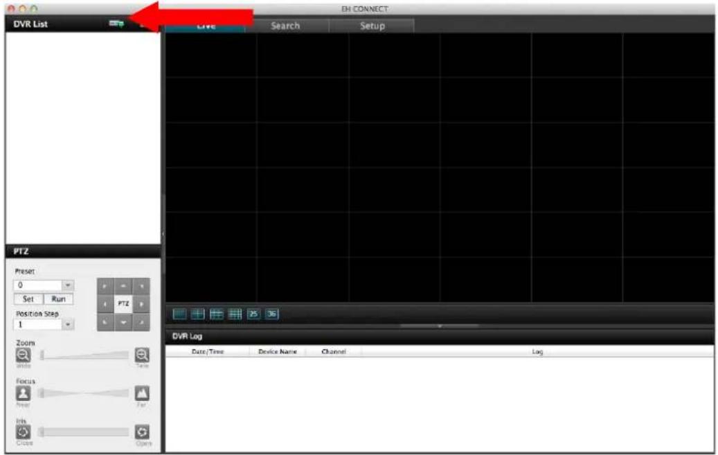 EH CONNECT DVR List Search Setup PTZ Preset 0 Set Run Position Step 1 Zoom Units Focus Press Info Close Start DVR Log Date/Time Device Name Channel Log
