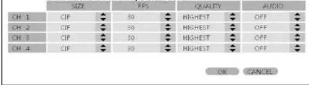 SIZE CH 1 CIF 30 HIGHEST OFF CH 2 CIF 30 HIGHEST OFF CH 3 CIF 30 HIGHEST OFF CH 4 CIF 30 HIGHEST OFF OK CANCEL