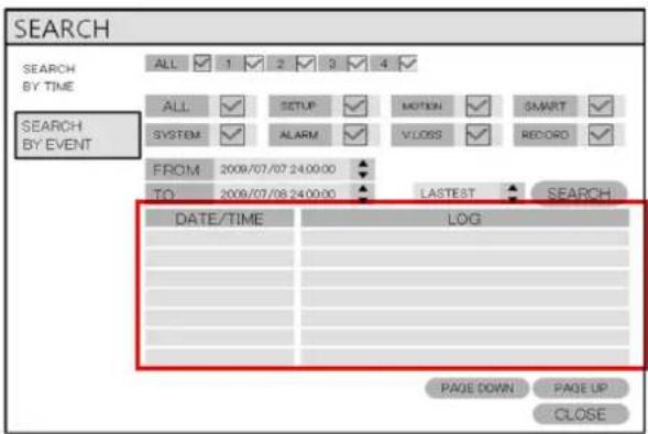 SEARCH SEARCH BY TIME ALL 1 2 3 4 ALL SETUP MOTION SMART SYSTEM ALARM VLOSS RECORD FROM 2009/07/07 24:00:00 TO 2009/07/08 24:00:00 LASTEST SEARCH DATE/TIME LOG PAGE DOWN PAGE UP CLOSE