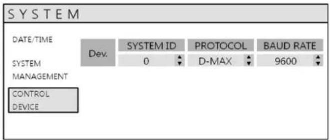 SYSTEM DATE/TIME Dev. SYSTEM ID PROTOCOL BAUD RATE SYSTEM 0 D-MAX 9600 MANAGEMENT CONTROL DEVICE
