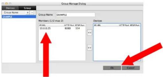 Group Manage Dialog Group Name EXAMPLE EXAMPLE Members (1/2 max 2) #URL HTTP Port RTSP Port 10.0.0.25 8080 $54 Devices #URL HTTP Port RTSP Port Ok Cancel