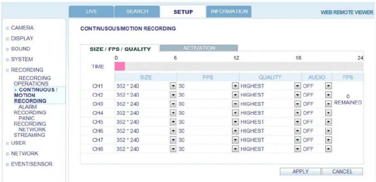 LIVE SEARCH SETUP INFORMATION WEB REMOTE VIEWER CONTINUOUS/MOTION RECORDING SIZE / FPS / QUALITY ACTIVATION TIME 0 6 12 18 24 SIZE FPS QUALITY AUDIO FPS CH1 352 * 240 30 HIGHEST OFF 0 REMAINED CH2 352 * 240 30 HIGHEST OFF CH3 352 * 240 30 HIGHEST OFF CH4 352 * 240 30 HIGHEST OFF CH5 352 * 240 30 HIGHEST OFF CH6 352 * 240 30 HIGHEST OFF CH7 352 * 240 30 HIGHEST OFF CH8 352 * 240 30 HIGHEST OFF APPLY CANCEL