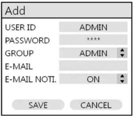 Add USER ID ADMIN PASSWORD **** GROUP ADMIN E-MAIL E-MAIL NOTI. ON SAVE CANCEL