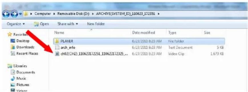 Computer > Removable Disk (Dr) > ARCHIVE(SYSTEM_ID)_110623_172351 > Organize Open Share with New folder Favorites Desktop Downloads Recent Places Name Date modified Type Size PLAYER 6/23/2011 B:23 AM File folder arch_info 6/23/2011 B:23 AM Text Document 5 KB ch02(CH2)_110623172251_110623172325_... 6/23/2011 B:23 AM Video Clip 1.679 KB Libraries Documents Music Pictures Violens