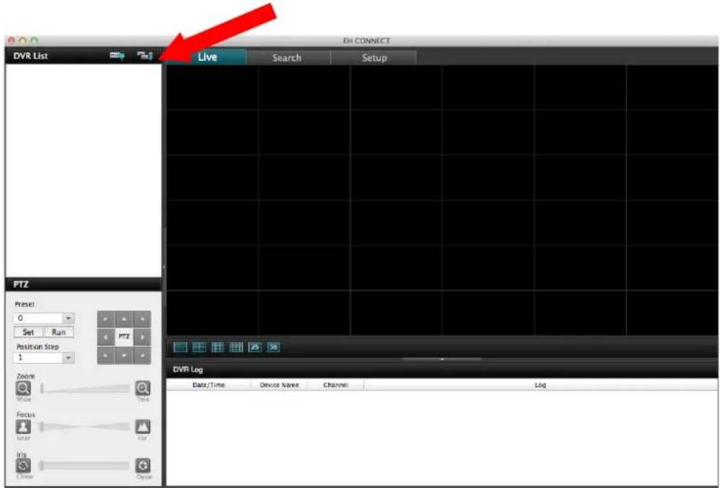DVH CONNECT DVR List Live Search Setup PTZ Preset 0 Set Run Position Step 1 Zoom Write Focus Star Iris Close DVR Log Date/Time: Device Name: Channel: Log