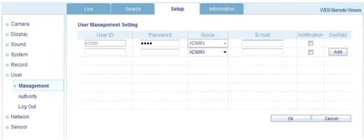 Live Search Setup Information WEB Remote Viewer User Management Setting User ID Password Group E-mail Notification Del/Add ADMIN ADMIN ADMIN Add Management Authority Log Out Network Sensor Ok Cancel