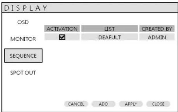 DISPLAY OSD MONITOR ACTIVATION LIST CREATED BY DEAFULT ADMIN SEQUENCE SPOT OUT CANCEL ADD APPLY CLOSE