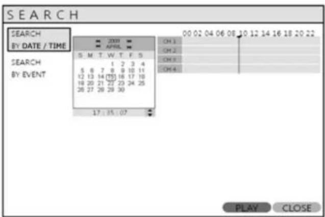 SEARCH BY DATE / TIME SEARCH BY EVENT 00 02 04 06 08 10 12 14 16 18 20 22 2009 APRIL S M T W T F S 1 2 3 4 5 6 7 8 9 10 11 12 13 14 (T5) 16 17 18 18 20 21 22 23 24 25 26 27 28 29 30 17:35:07 CH.1 CH.2 CH.3 CH.4 PLAY CLOSE