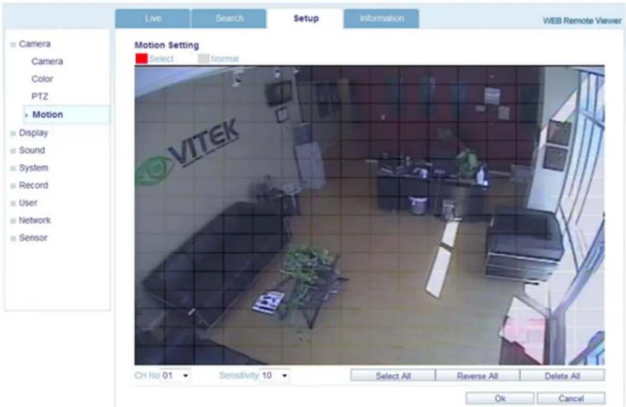 Live Search Setup Information WEB Remote Viewer Motion Setting Select Normal VITEK CH No 01 Sensitivity 10 Select All Reverse All Delete All Ok Cancel