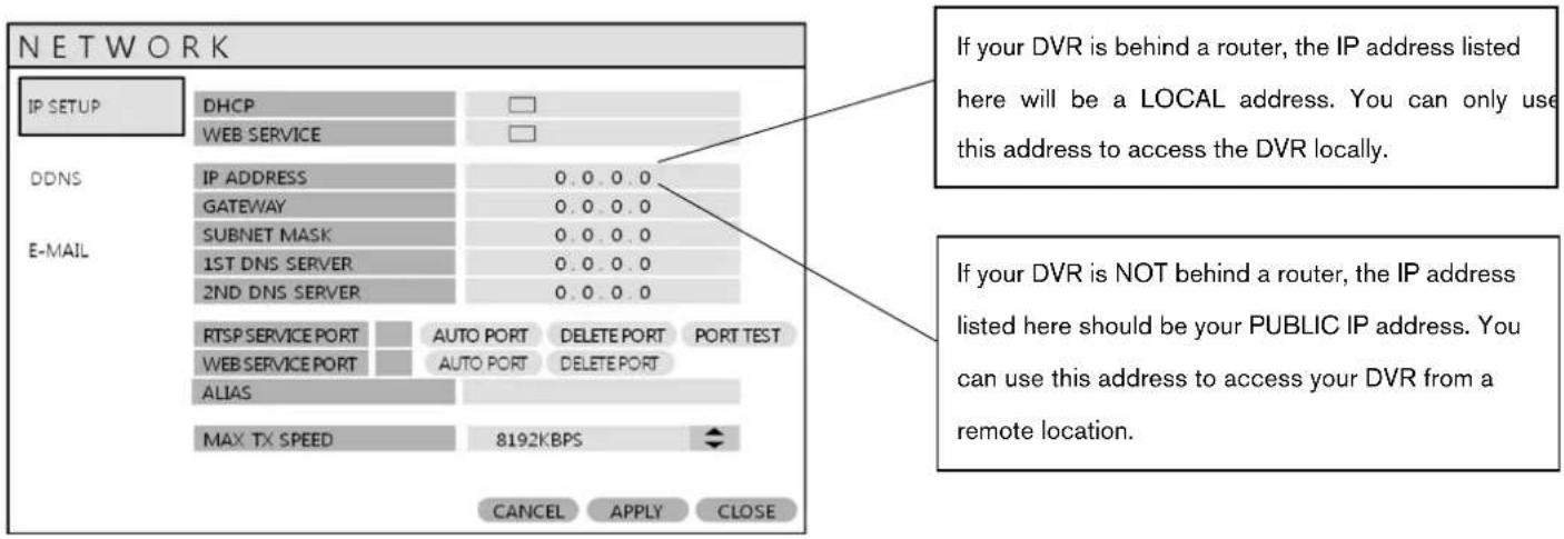 NETWORK IP SETUP DHCP WEB SERVICE DDNS IP ADDRESS 0.0.0.0 GATEWAY 0.0.0.0 SUBNET MASK 0.0.0.0 1ST DNS SERVER 0.0.0.0 2ND DNS SERVER 0.0.0.0 RTSP SERVICE PORT AUTO PORT DELETE PORT PORT TEST WEB SERVICE PORT AUTO PORT DELETE PORT ALIAS MAX TX SPEED 8192KBPS CANCEL APPLY CLOSE If your DVR is behind a router, the IP address listed here will be a LOCAL address. You can only use this address to access the DVR locally. If your DVR is NOT behind a router, the IP address listed here should be your PUBLIC IP address. You can use this address to access your DVR from a remote location.