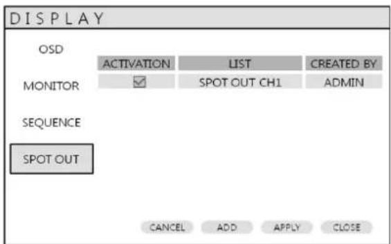 DISPLAY OSD ACTIVATION LIST CREATED BY MONITOR ✓ SPOT OUT CH1 ADMIN SEQUENCE SPOT OUT CANCEL ADD APPLY CLOSE