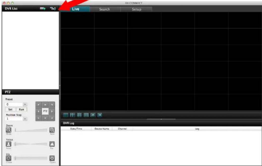 DVRL List Live Search Setup PTZ Preset 0 Set Run Position Step 1 Zoomi Wide Take Focus Focus Far Iris Close Open DVRL Log Date/Time Device Name Channel Log