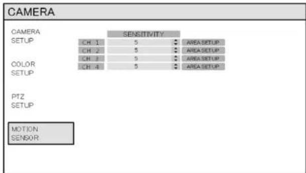 CAMERA CAMERA SETUP CH 1 5 AREA SETUP CH 2 5 AREA SETUP CH 3 5 AREA SETUP COLOR CH 4 5 AREA SETUP SETUP PTZ SETUP MOTION SENSOR