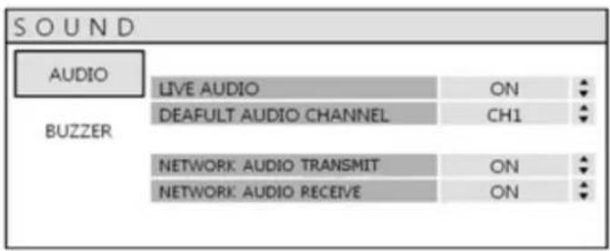 S O U N D AUDIO LIVE AUDIO ON DEAFULT AUDIO CHANNEL CH1 BUZZER NETWORK AUDIO TRANSMIT ON NETWORK AUDIO RECEIVE ON