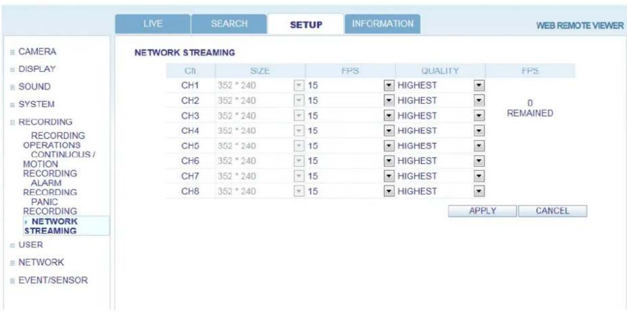 LIVE SEARCH SETUP INFORMATION WEB REMOTE VIEWER CAMERA DISPLAY SOUND SYSTEM RECORDING RECORDING OPERATIONS CONTINUOUS/ MOTION RECORDING ALARM RECORDING PANIC RECORDING NETWORK STREAMING USER NETWORK EVENT/SENSOR NETWORK STREAMING Ch SIZE FPS QUALITY FPS CH1 352 * 240 ▼ 15 ▼ HIGHEST ▼ 0 CH2 352 * 240 ▼ 15 ▼ HIGHEST ▼ REMAINED CH3 352 * 240 ▼ 15 ▼ HIGHEST ▼ CH4 352 * 240 ▼ 15 ▼ HIGHEST ▼ CH5 352 * 240 ▼ 15 ▼ HIGHEST ▼ CH6 352 * 240 ▼ 15 ▼ HIGHEST ▼ CH7 352 * 240 ▼ 15 ▼ HIGHEST ▼ CH8 352 * 240 ▼ 15 ▼ HIGHEST ▼ APPLY CANCEL
