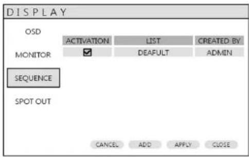 DISPLAY OSD MONITOR SEQUENCE SPOT OUT ACTIVATION LIST CREATED BY DEAFULT ADMIN CANCEL ADD APPLY CLOSE