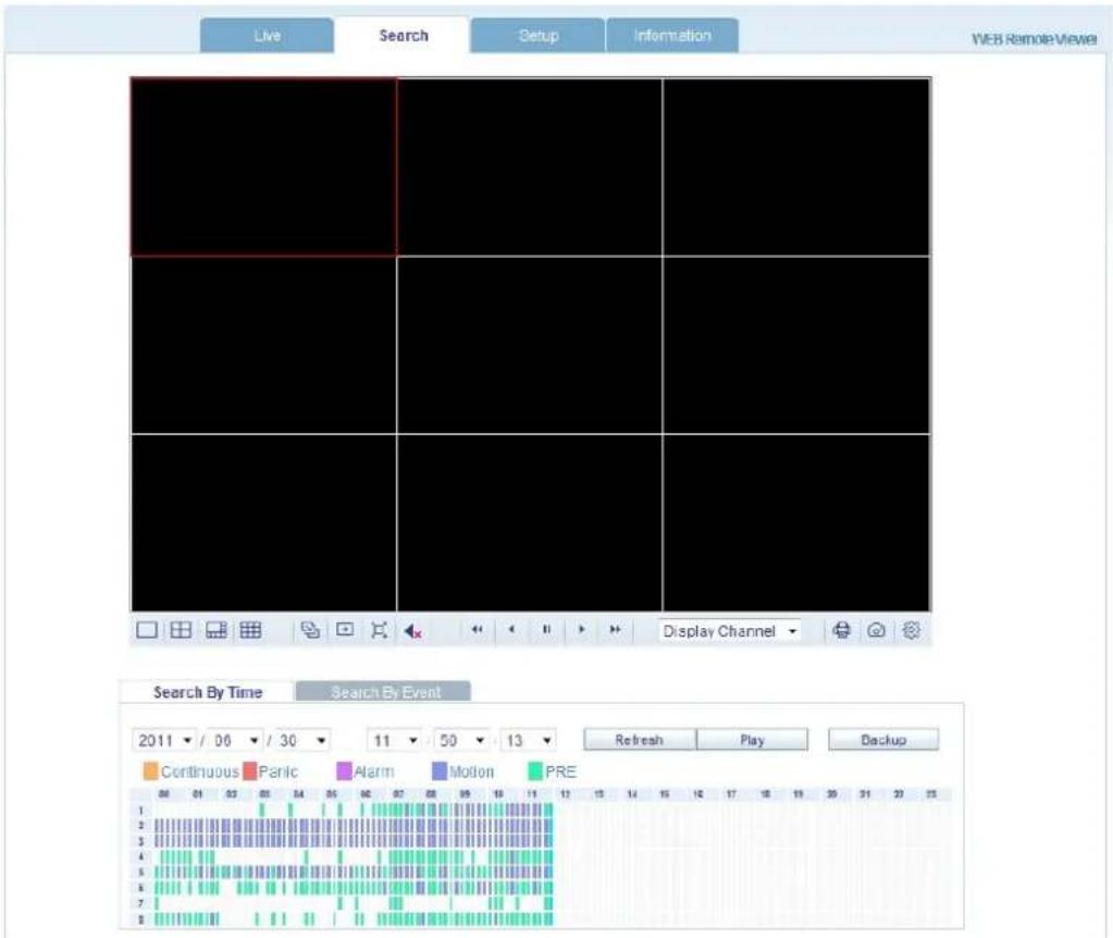 Live Search Setup Information WEB Remote Viewer Search By Time Search By Event 2011 / 06 / 30 11 50 13 Refresh Play Backup Continuous Panic Alarm Motion PRE 08 01 02 03 04 05 06 07 08 09 10 11 12 13 14 15 16 17 18 19 20 21 22 23