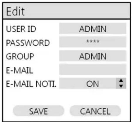 Edit USER ID ADMIN PASSWORD **** GROUP ADMIN E-MAIL E-MAIL NOTI. ON SAVE CANCEL