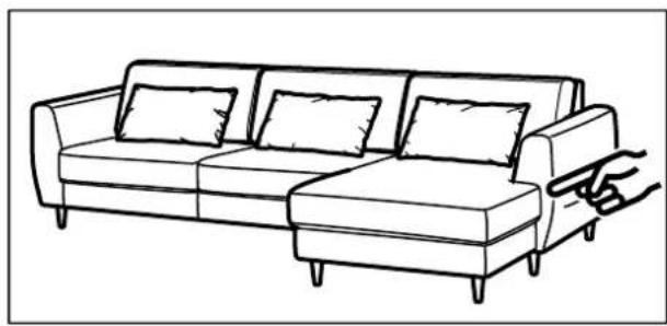 Line drawing of a single side sofa with four cushions and one arm pointing at the side (no text or symbols)