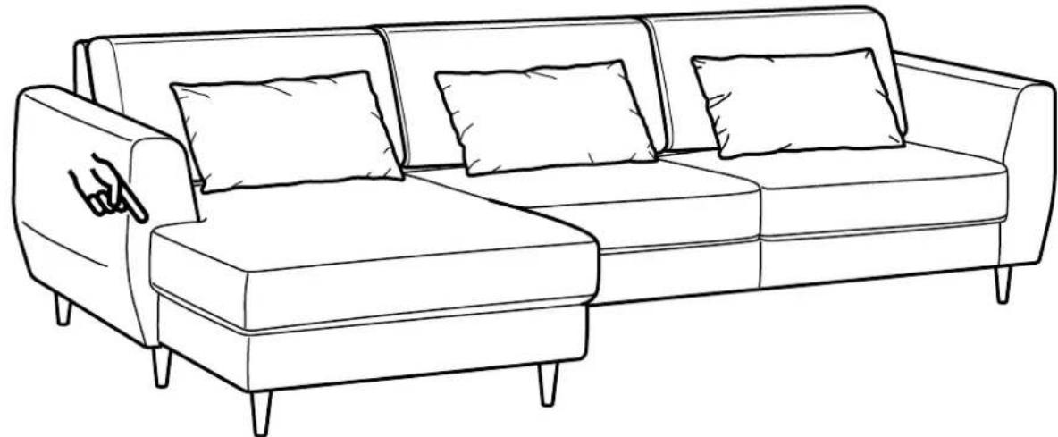 Line drawing of a single sofa with four cushions and legs, no text or symbols present