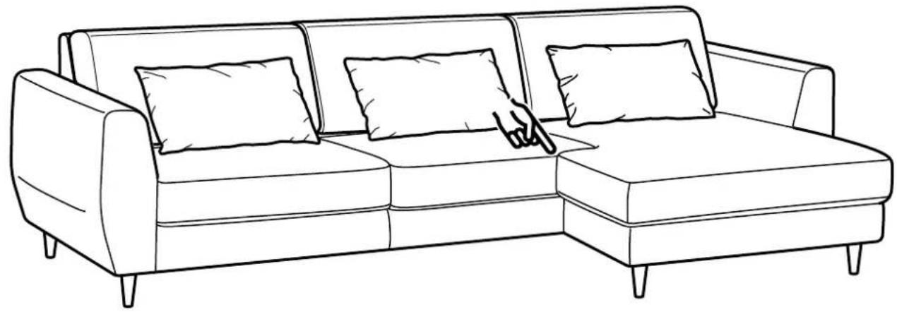 Line drawing of a single sofa with two cushions and a hand pointing at one side (no text or symbols)