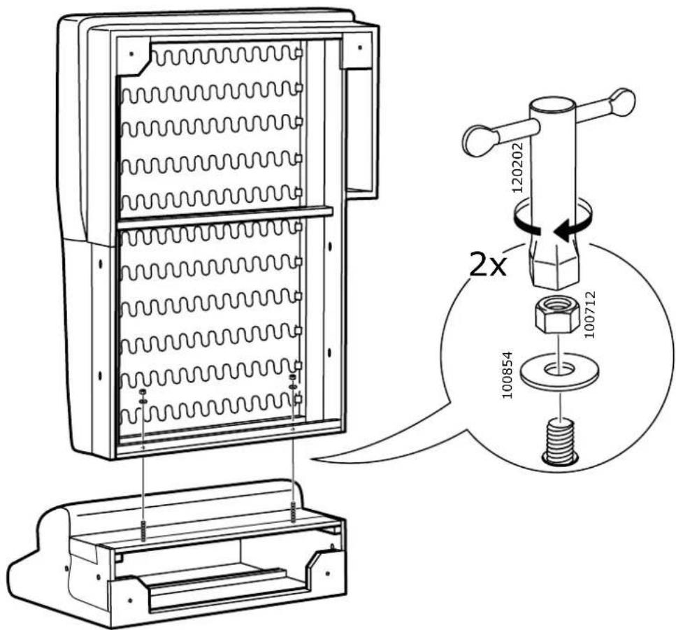 Technical diagram of a mechanical assembly with labeled parts and a magnified view showing a 2x ratio of thread specification.