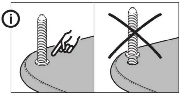 Diagram illustrating screw positioning with a hand pointing at a bolt and a cross symbol indicating crossed position.