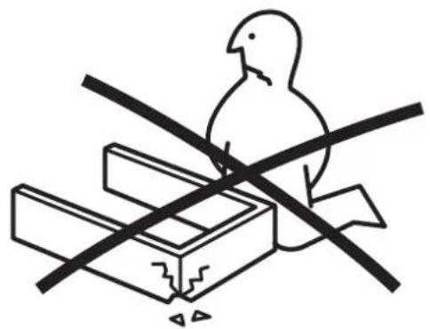 Simple line drawing of a bird perched on a construction block with diagonal lines crossing (no text or symbols)