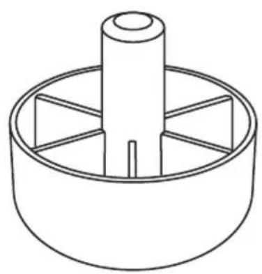 Technical line drawing of a mechanical component with a central cylindrical shaft and symmetrical supports (no text or symbols)