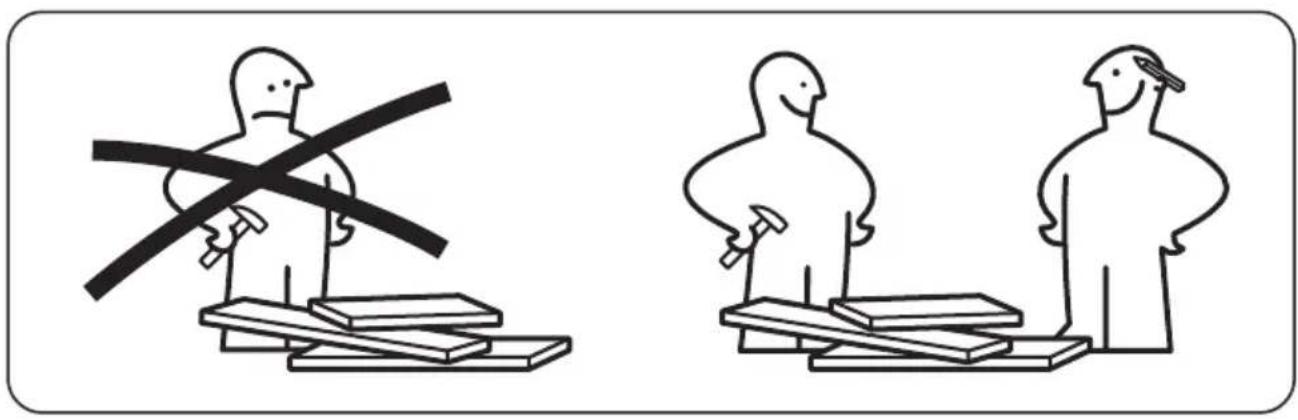 Illustration showing two figures with crossed-out black bars, one standing on a platform and the other standing on a platform with tools.
