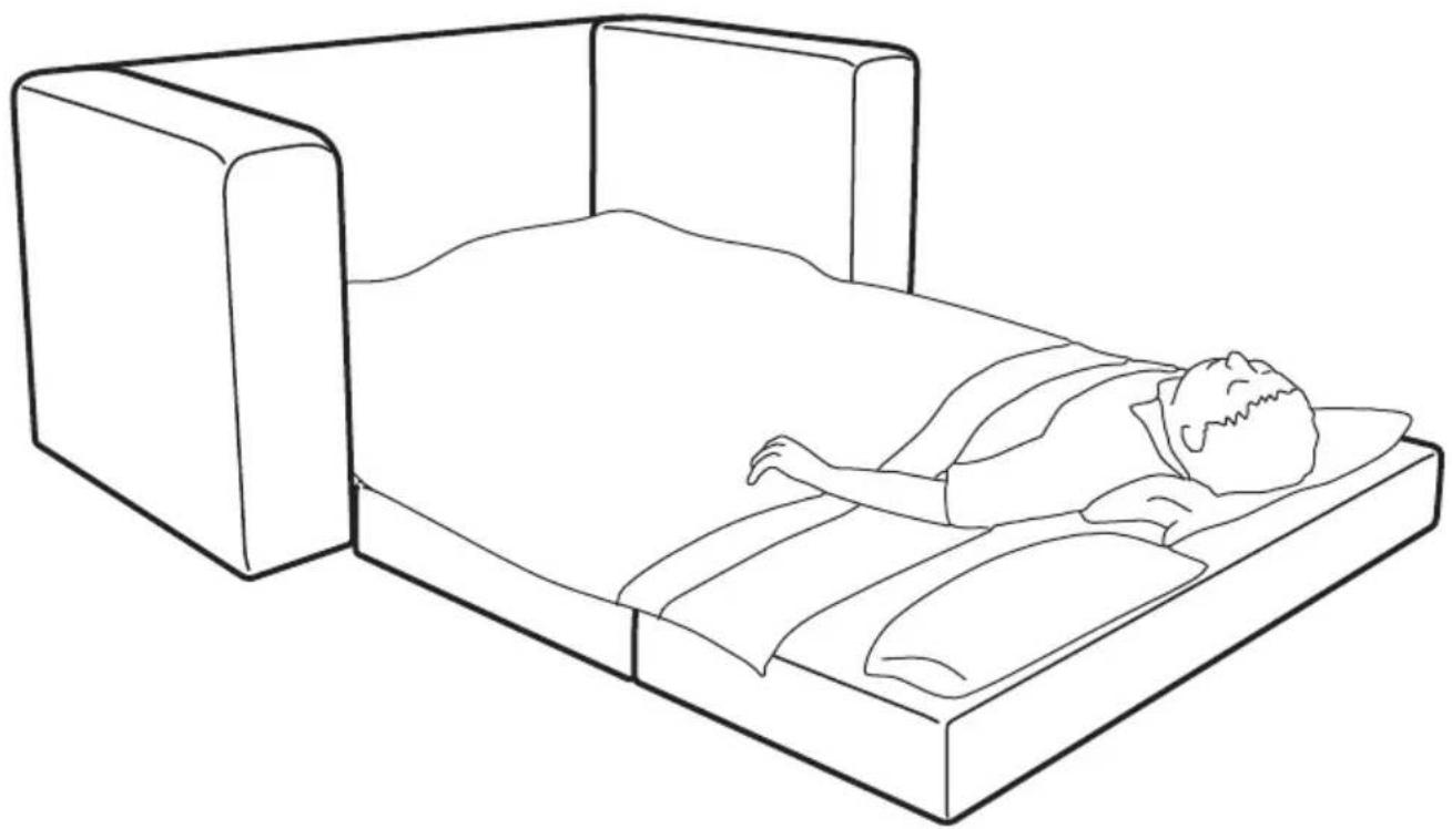 Line drawing of a person lying in bed with pillows and bedding, next to an open bookshelf (no text or symbols)