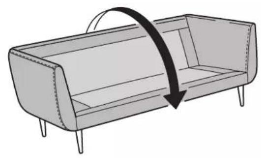 Line drawing of a sofa with a curved arm and seat, showing folding or rotation (no text or symbols)