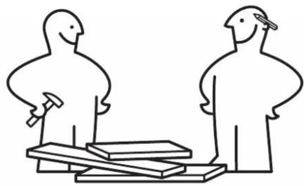 Simple line drawing of two figures standing beside a wooden block, one holding a hammer and the other with a magnifying glass (no text or symbols)