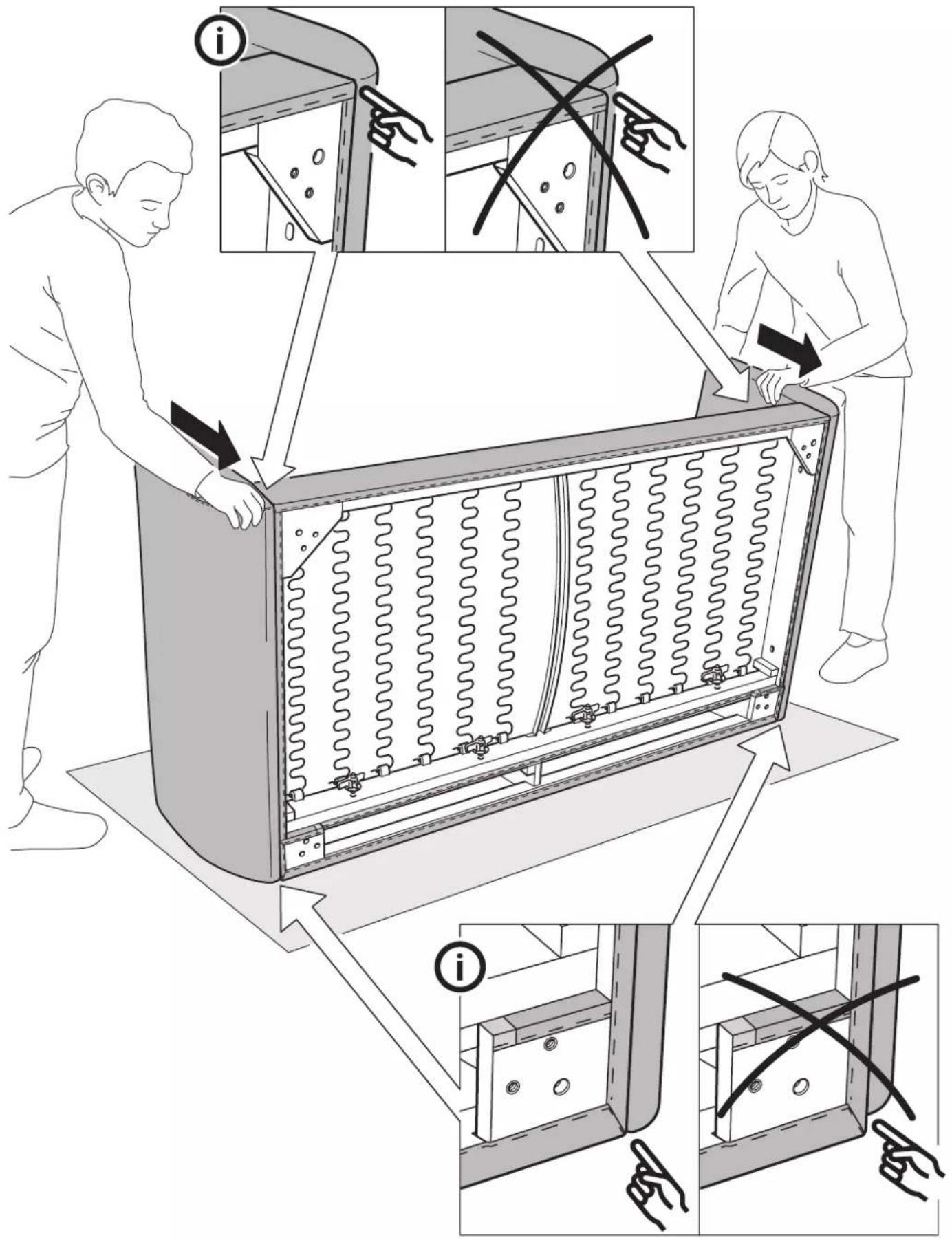 Technical diagram illustrating the installation of a refrigerated air conditioner unit with labeled components and directional arrows indicating assembly steps.