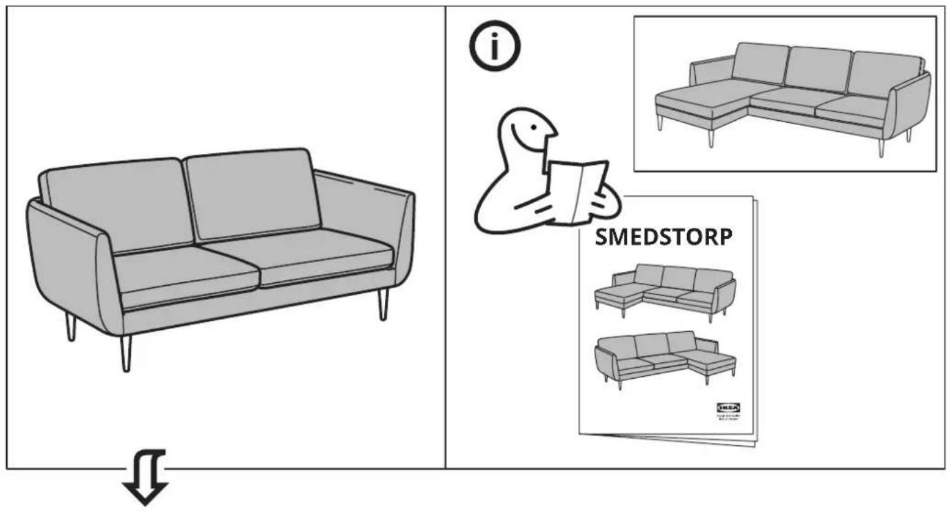 Diagram showing a sofa and its SMEDSTORP packaging with an instructional arrow indicating folding.